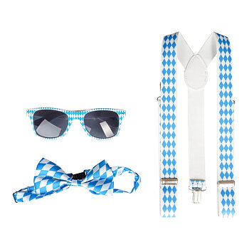 Oktoberfest kit med blåvita hängslen fluga och glasögon