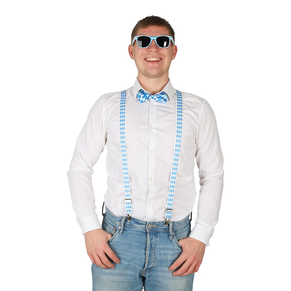 Oktoberfest accessoarer med blåvita hängslen fluga och glasögon