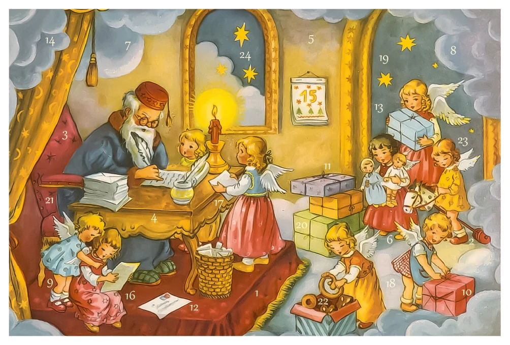 Adventskalenderkort - Änglar hjälper tomten