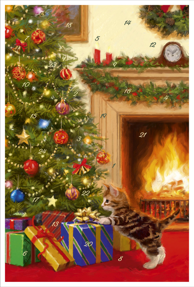 Adventskalenderkort - Kattungen och julklapparna