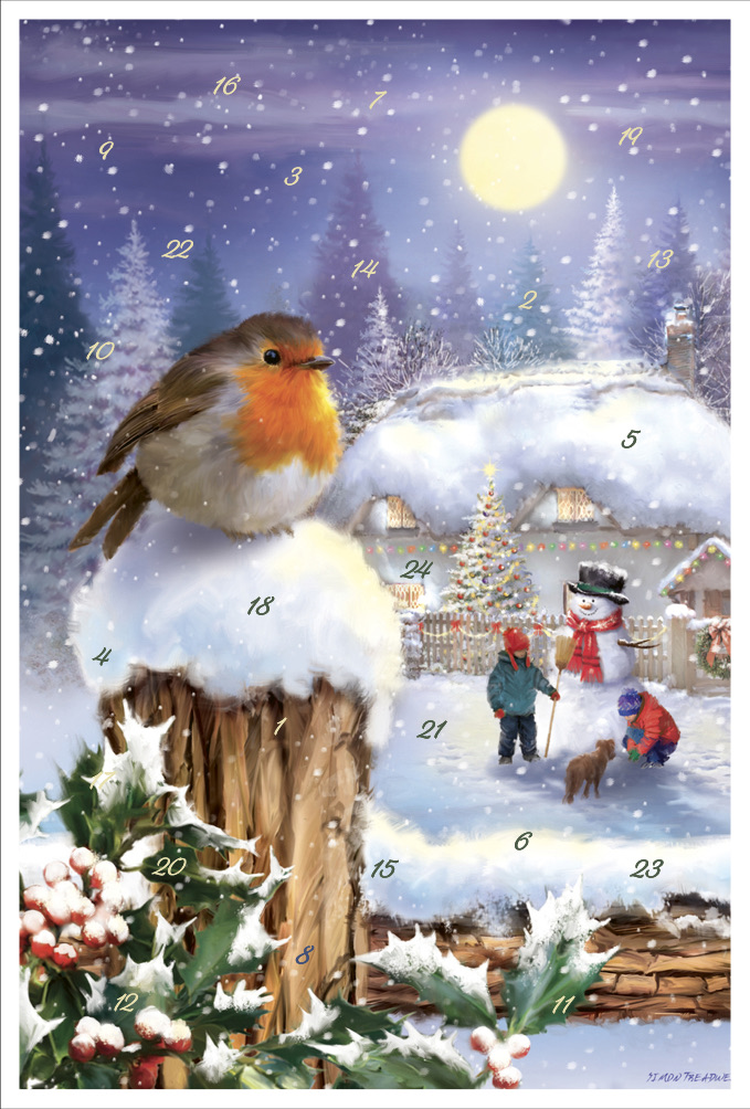 Adventskalenderkort - Rödhaken och snögubben