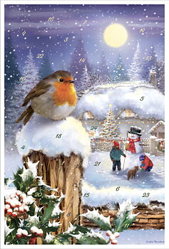 Adventskalenderkort - Rödhaken och snögubben