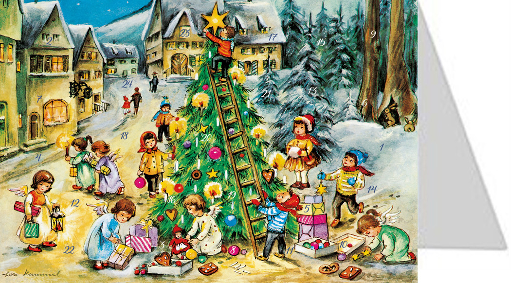 Adventskalenderkort - Änglar och barn i julförberedelse - 2