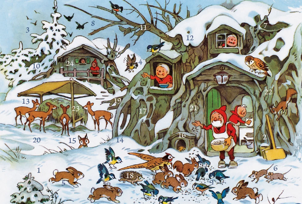 Adventskalenderkort - Djurmatning i vinterskogen