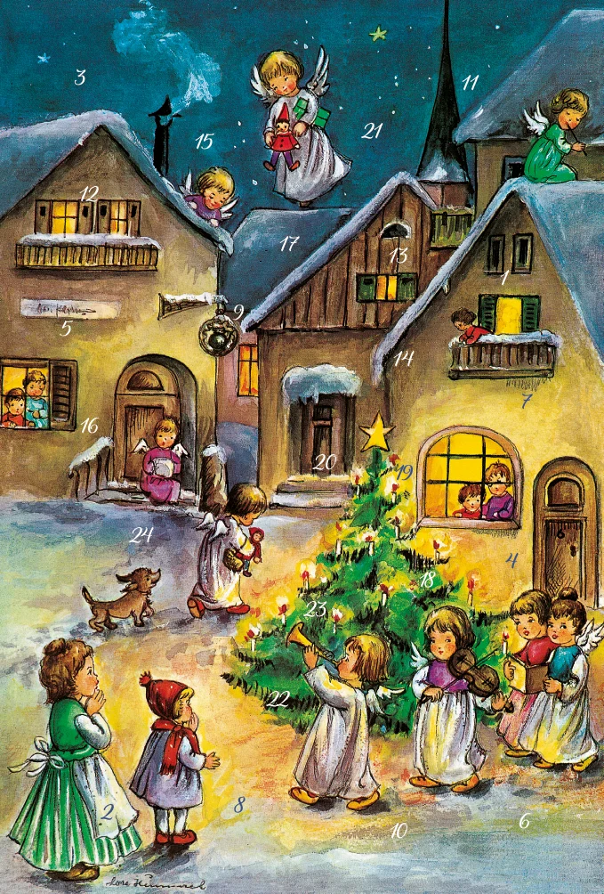 Adventskalenderkort - Änglar i julbyn