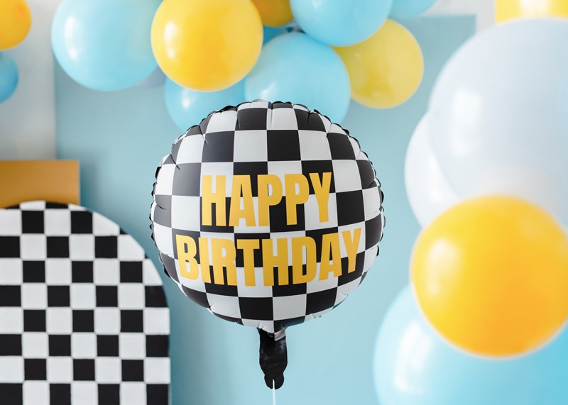 Happy Birthday folieballong med rutigt racingmönster