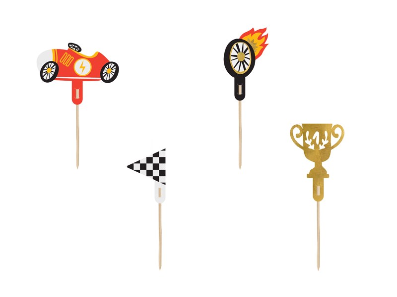 Cupcake toppers Racing med racerbil målflagga hjul och pokal 4-pack