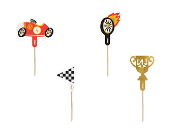 Cupcake toppers Racing med racerbil målflagga hjul och pokal 4-pack