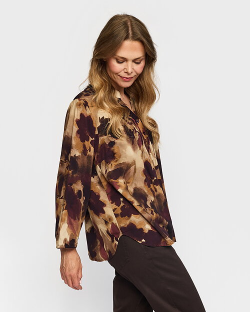 Blus Elsa v-ringad vinröd/beige mönstrad - 4