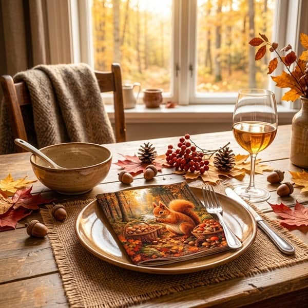 En ljus och stämningsfull miljöbild med en höstdukning på ett träbord framför ett fönster. Mitt på tallriken ligger servett med ekorren, omgiven av höstlöv, ekollon, kottar och en keramikskål.