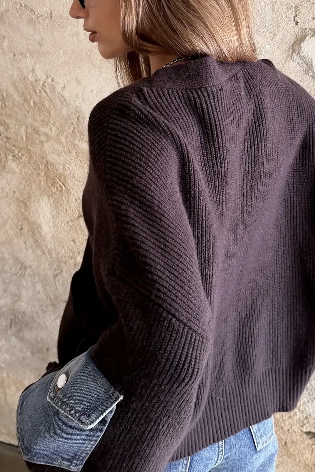 Qnuz - Denim Knit Mix Cardigan Brown - 3
