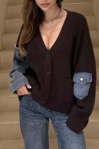 Qnuz - Denim Knit Mix Cardigan Brown