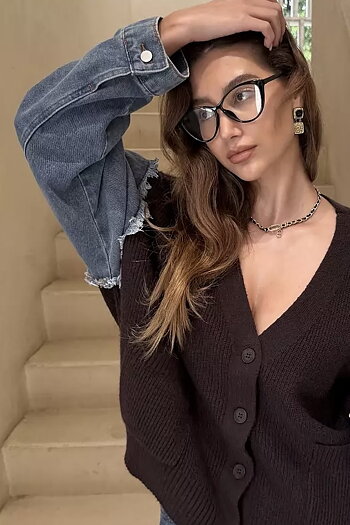 Qnuz - Denim Knit Mix Cardigan Brown