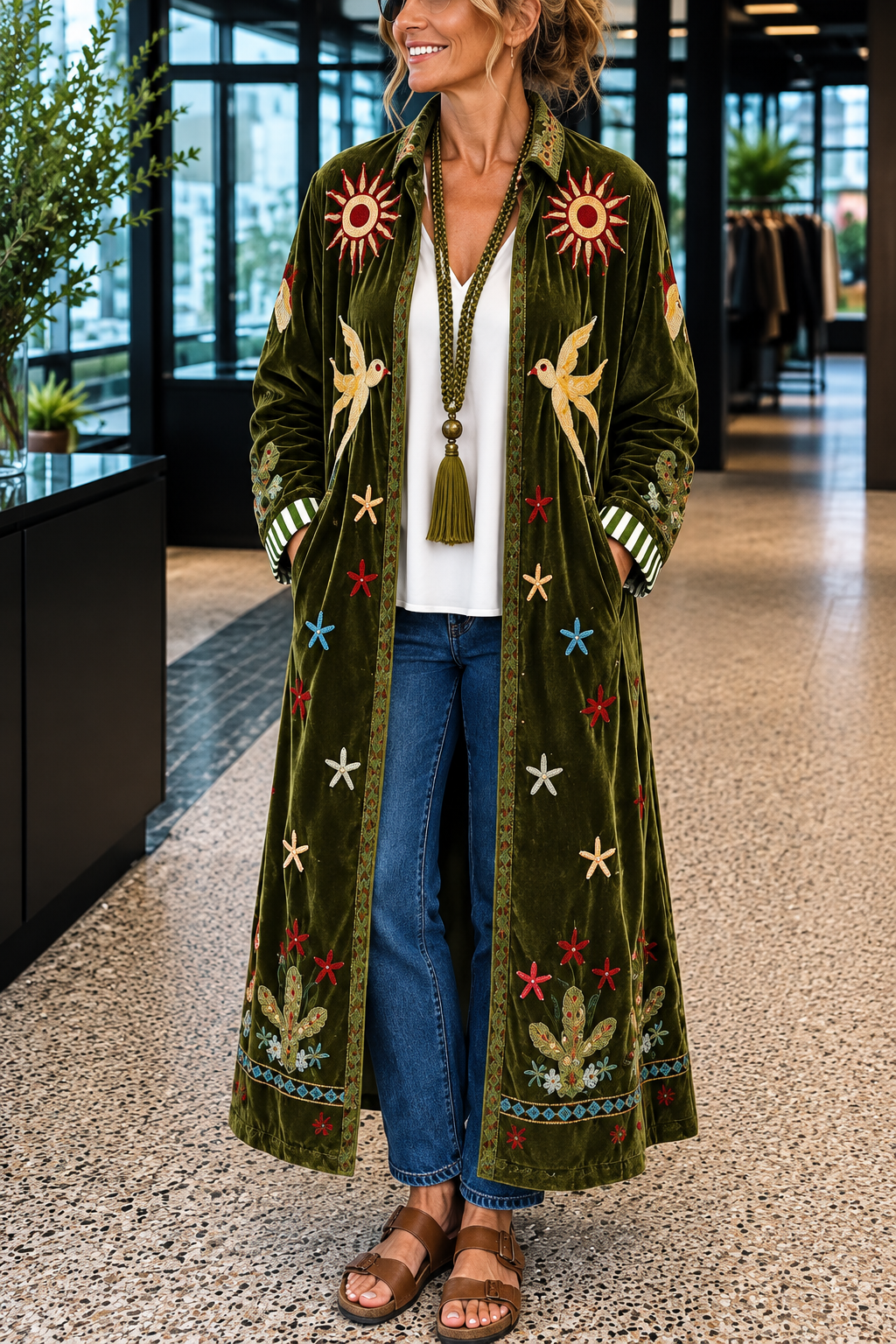 Qnuz - Suzani Long Velvet Coat w Application Green