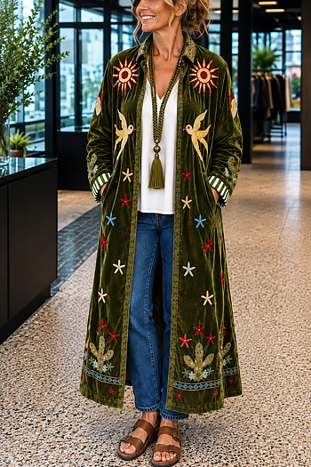 Qnuz - Suzani Long Velvet Coat w Application Green