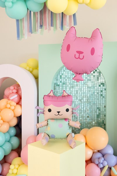 Baby Box och rosa katt folieballonger till Gabby's Dollhouse kalas