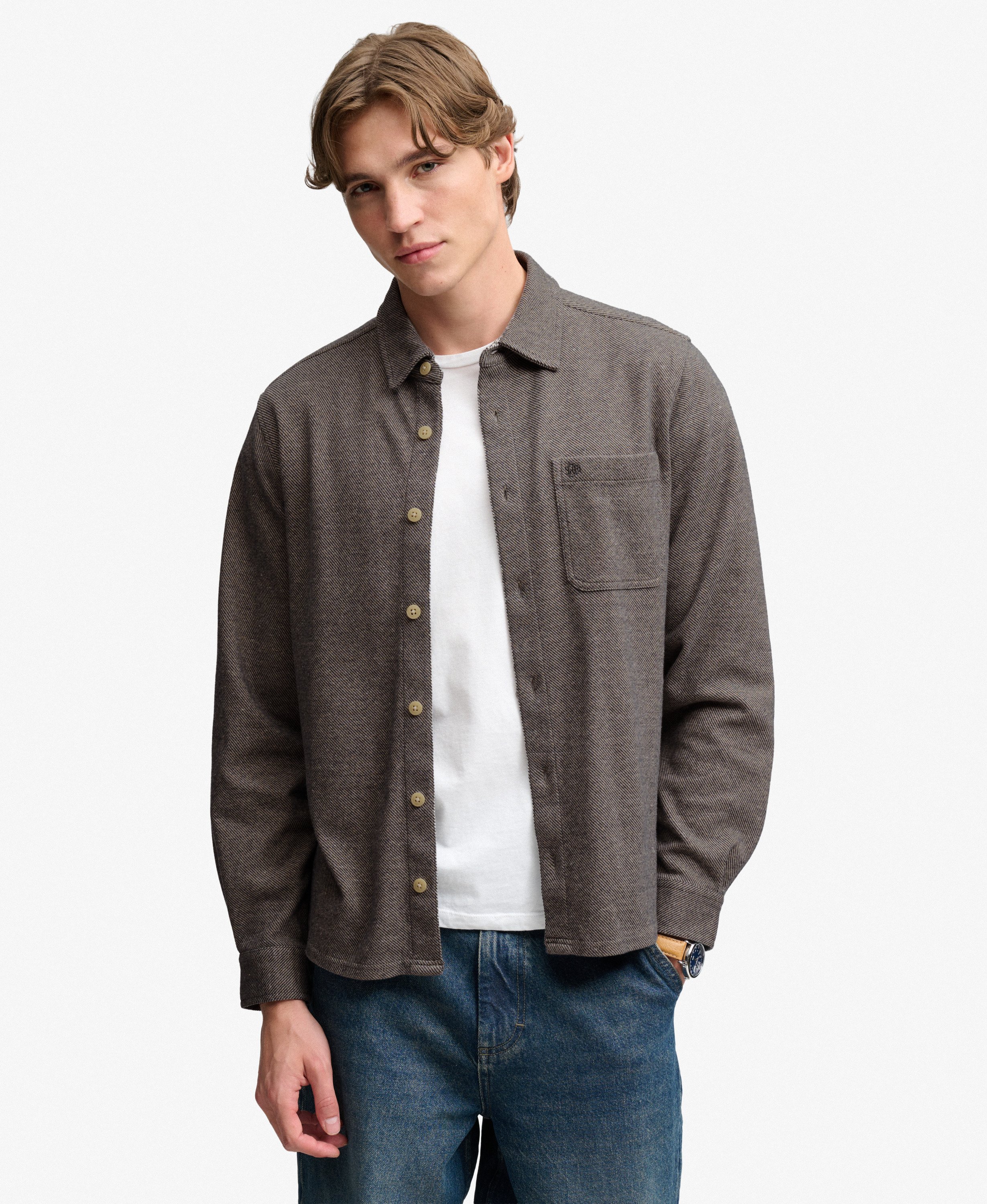 Superdry - Twill Tweed Jersey Shirt  - Taupe Tweed