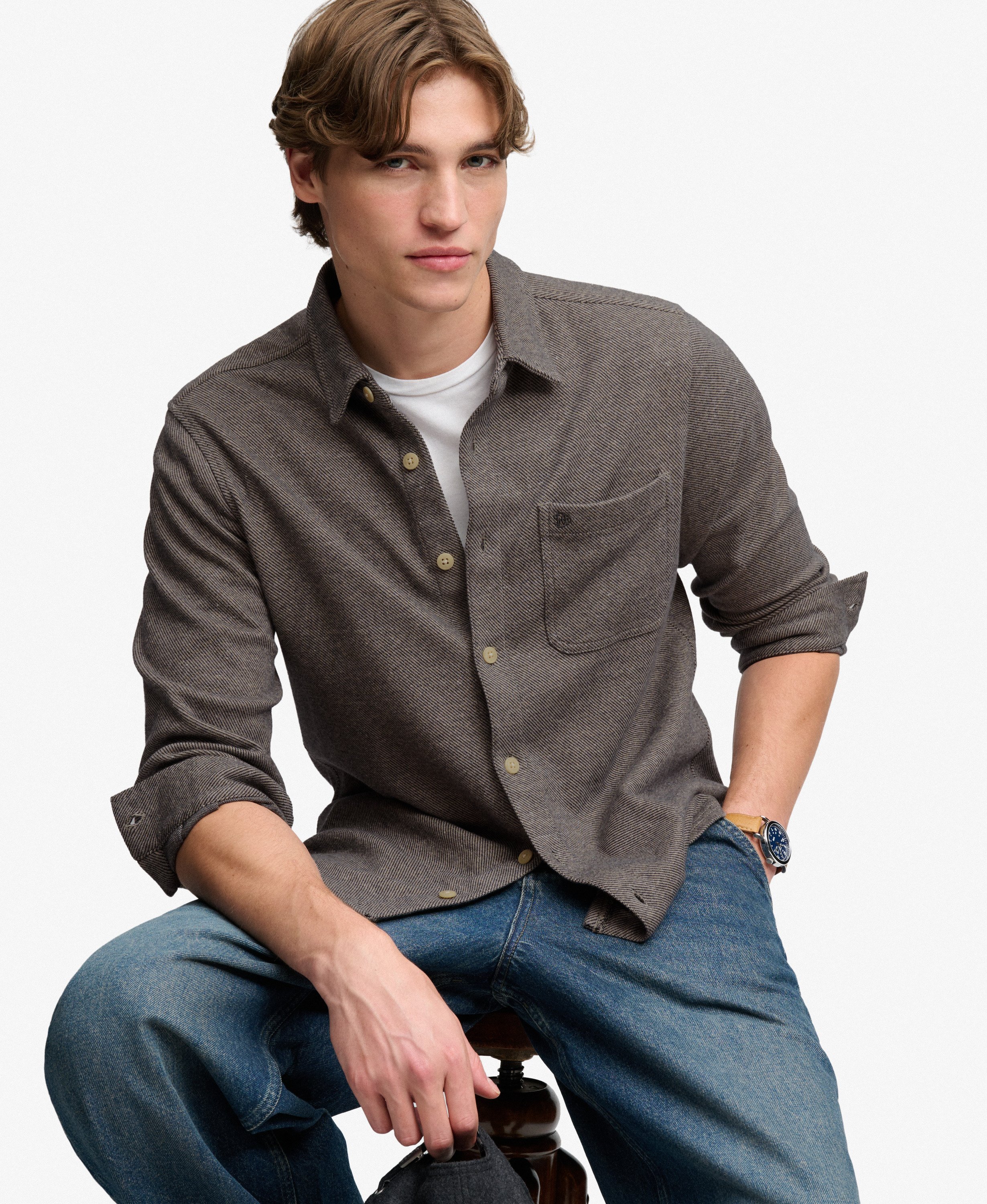 Superdry - Twill Tweed Jersey Shirt  - Taupe Tweed - 4