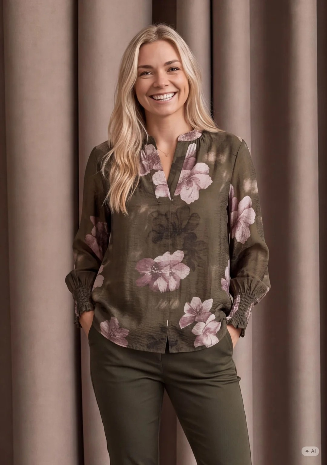 Ane Printed Blouse - Khaki Flowerdream - Isay 