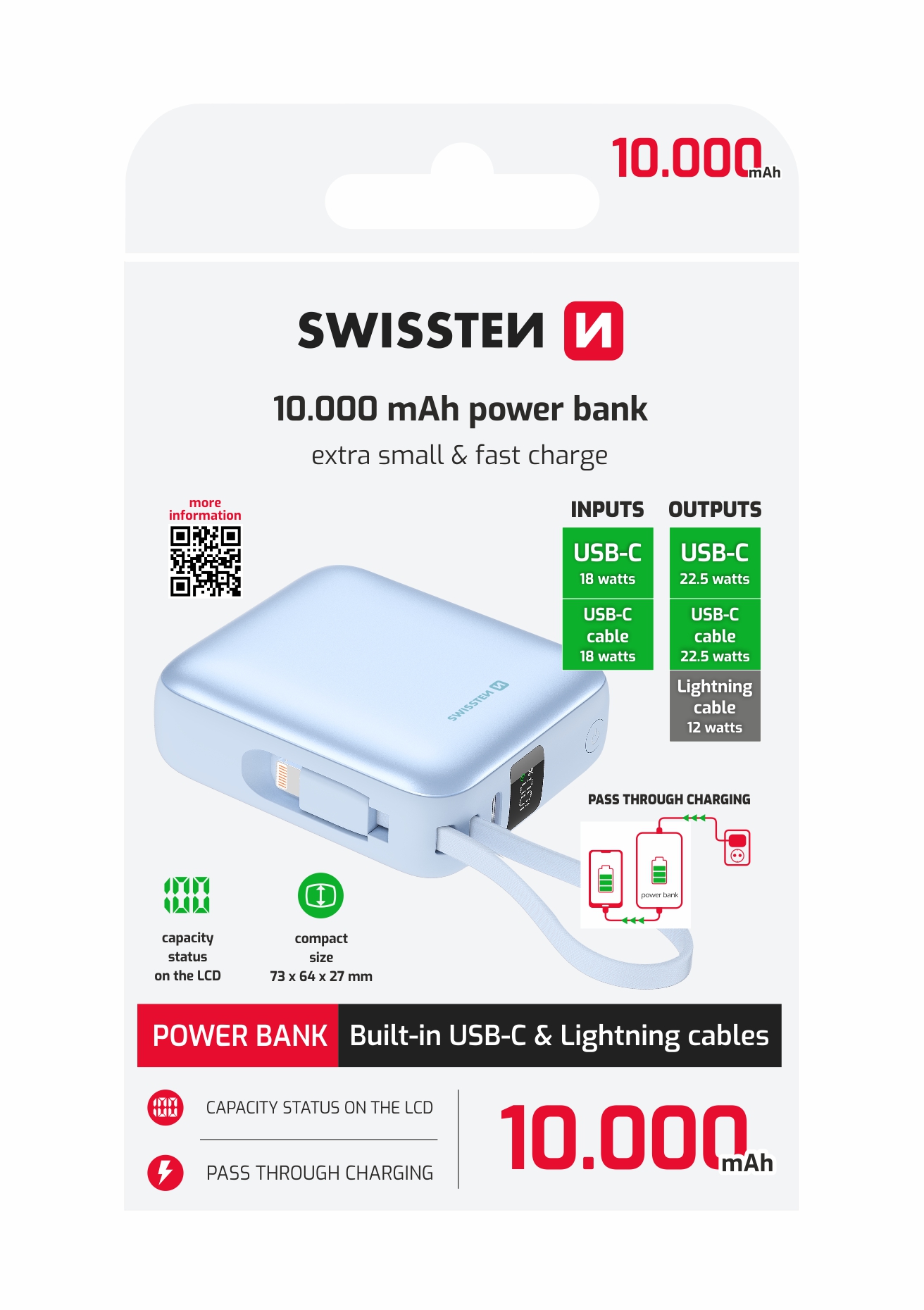Swissten Powerbank 10,000mAh, Inbyggd USB-C + Lightning - Blå - 3
