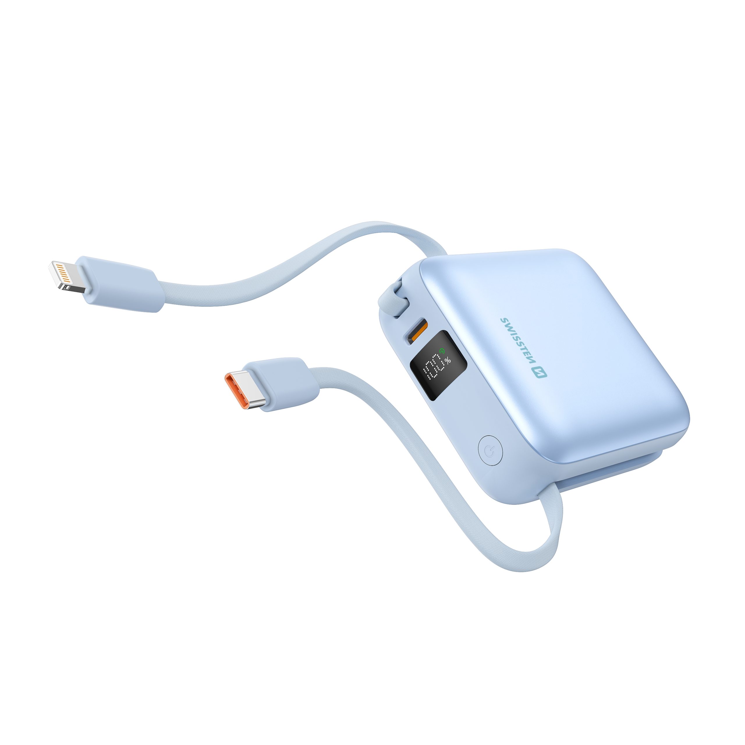 Swissten Powerbank 10,000mAh, Inbyggd USB-C + Lightning - Blå