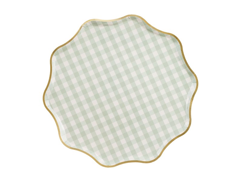 Ljusgröna rutiga papptallrikar med guldkant 23 cm 6-pack