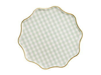 Ljusgröna rutiga papptallrikar med guldkant 23 cm 6-pack