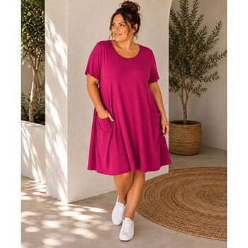 Klänning med kort ärm och fickor, fuchsia 