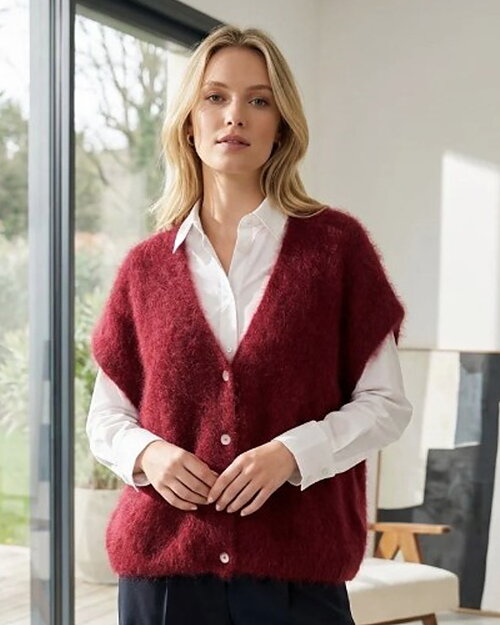 Mohairväst oversize v-ringad vinröd