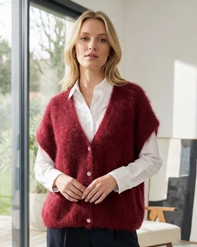 Mohairväst oversize v-ringad vinröd