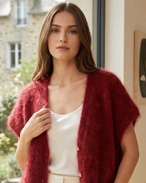 Mohairväst oversize v-ringad vinröd - 4