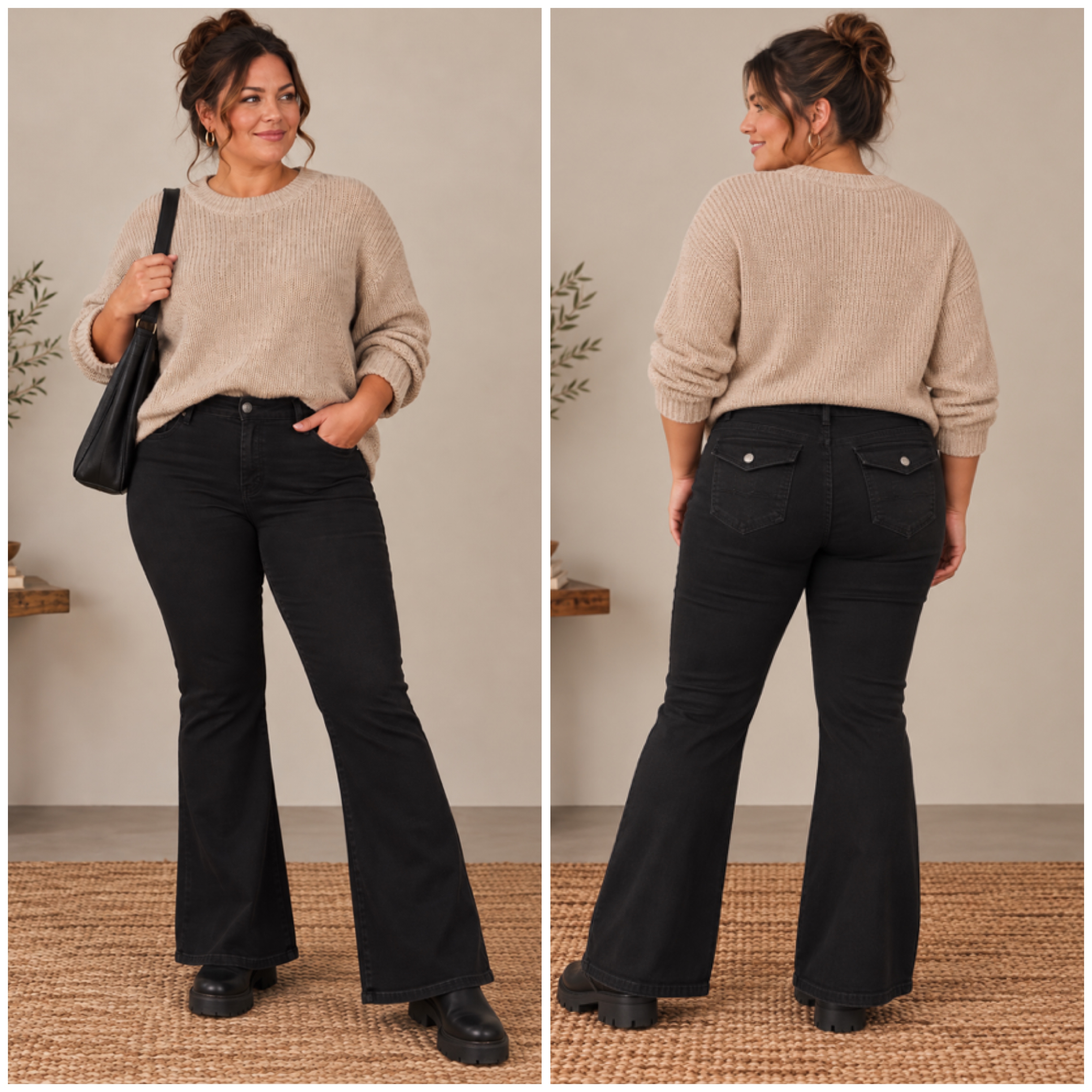 Jeans med bakfickor med knapp, svart 