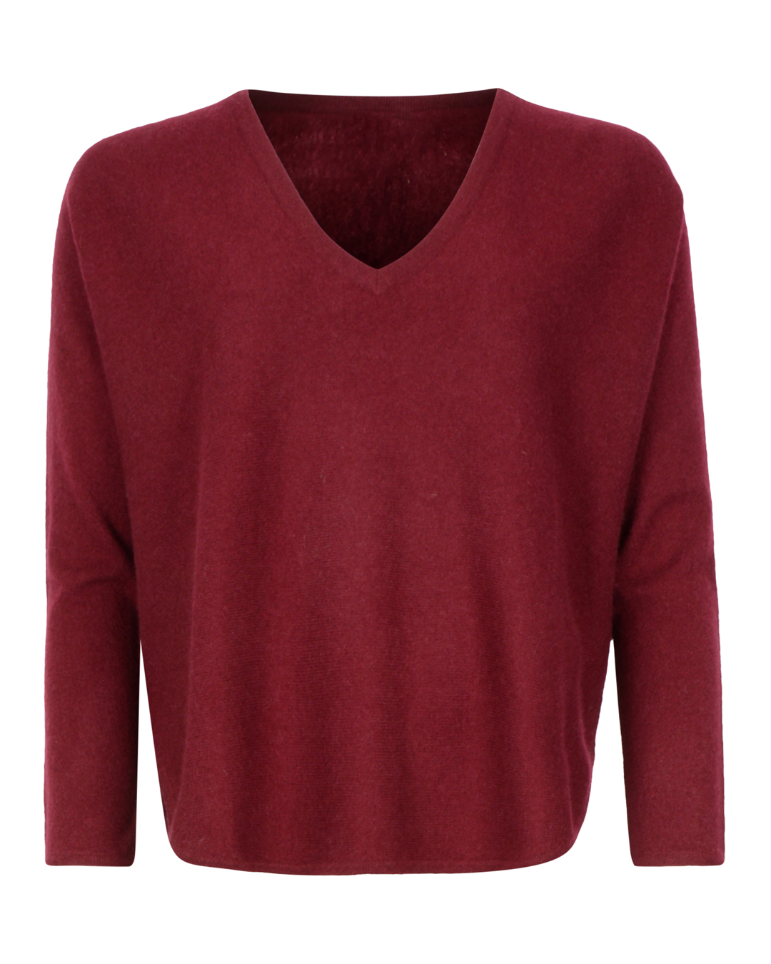 Kashmirjumper curved v-ringad vinröd