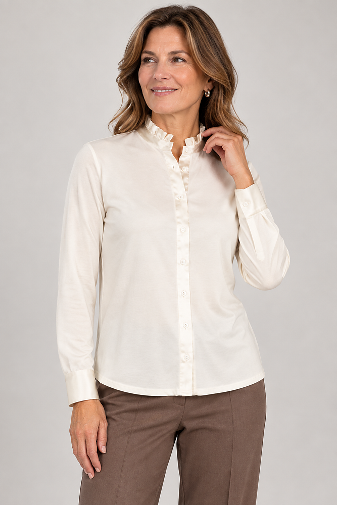 Blus Andria trikå volangkrage ljusbeige