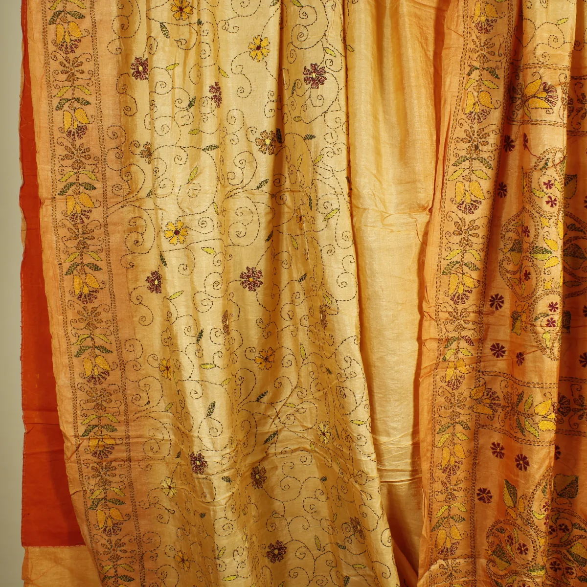 Handbroderad Indisk SidenSari Ljust Tegelorange - 4