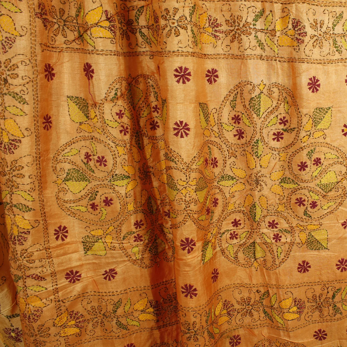 Handbroderad Indisk SidenSari Ljust Tegelorange - 3