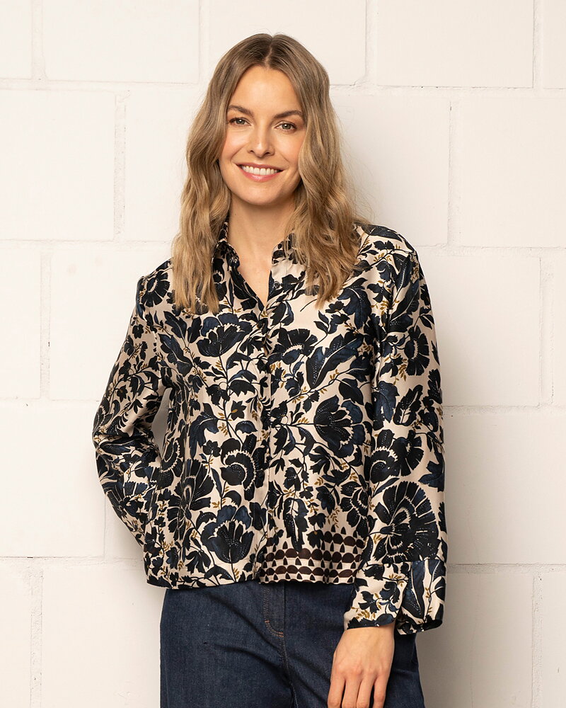 Skjortblus Fresko blommig blå/beige/brun