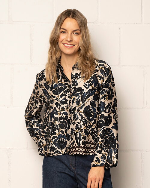 Skjortblus Fresko blommig blå/beige/brun