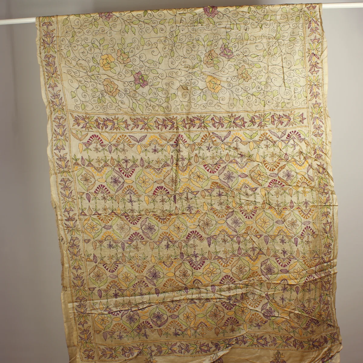 Handbroderad Indisk SidenSari Naturbeige - 3