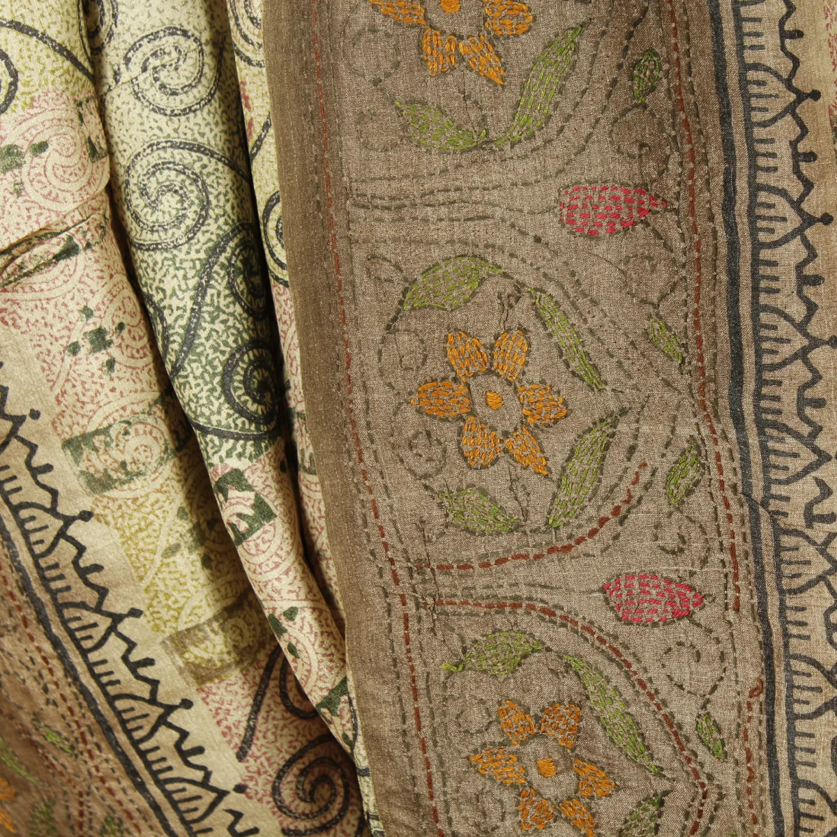 Handbroderad - Blocktryckt Indisk SidenSari  - 4