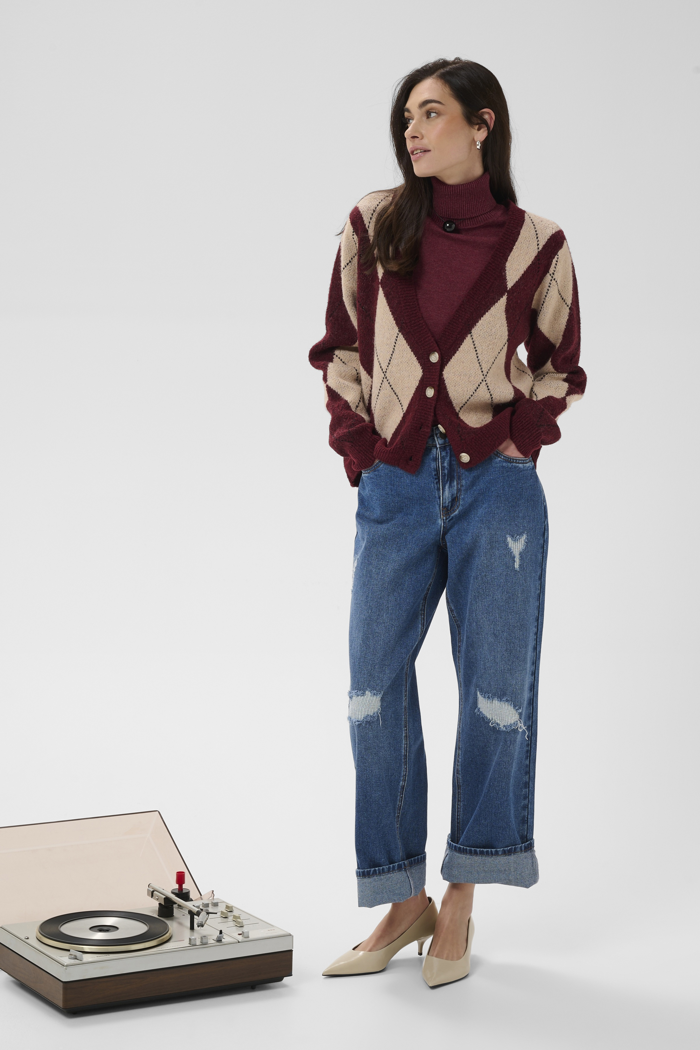 CUargyle Cardigan Burgundy Vinröd kofta med argylemönster - 6