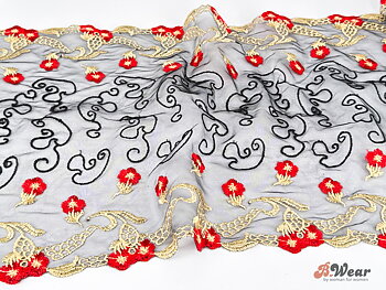Black non stretch lace with embroidered flowers - 32 cm