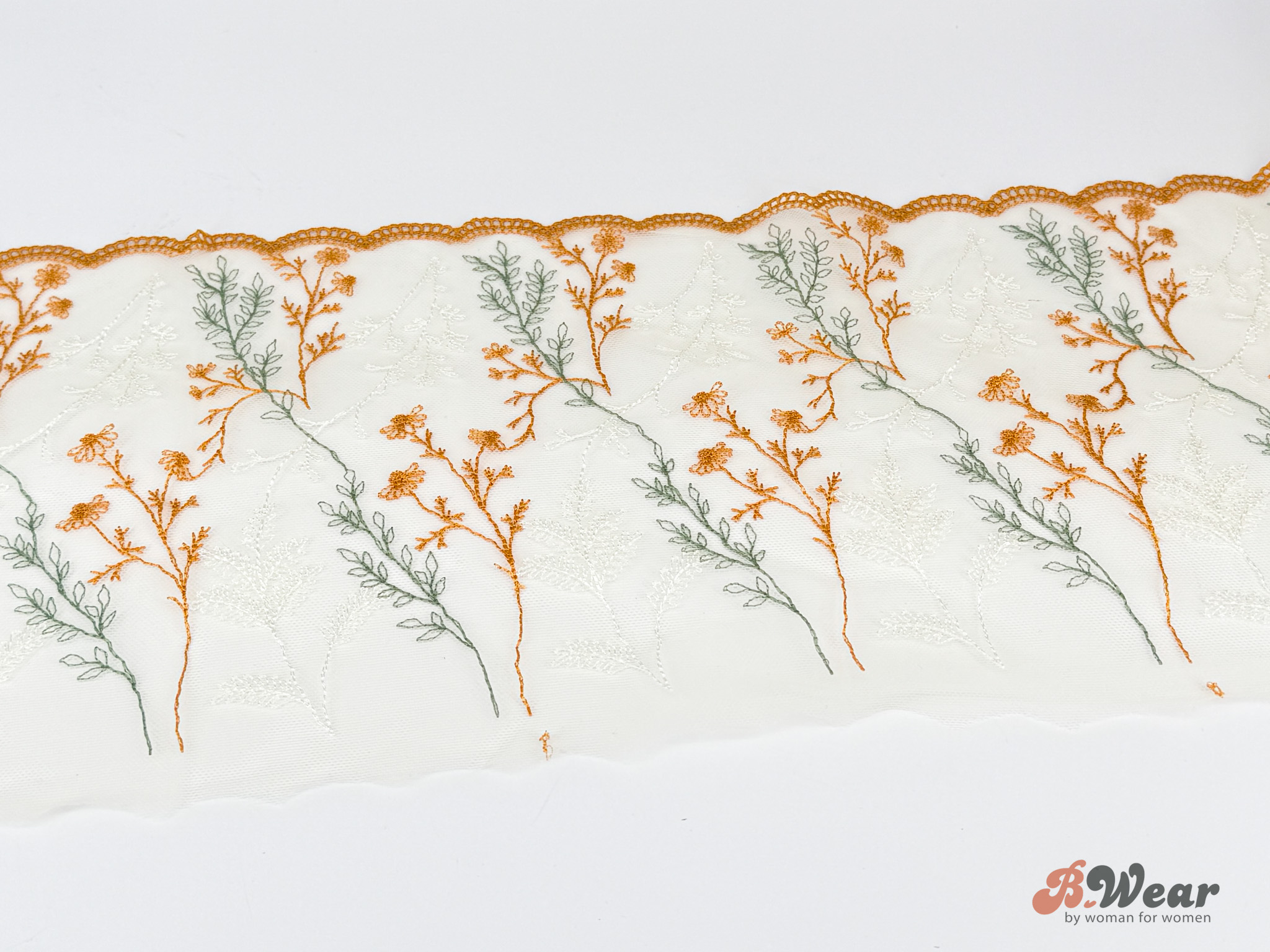 Mustard yellow and sage green embroidered non-stretch lace - 25 cm - 3