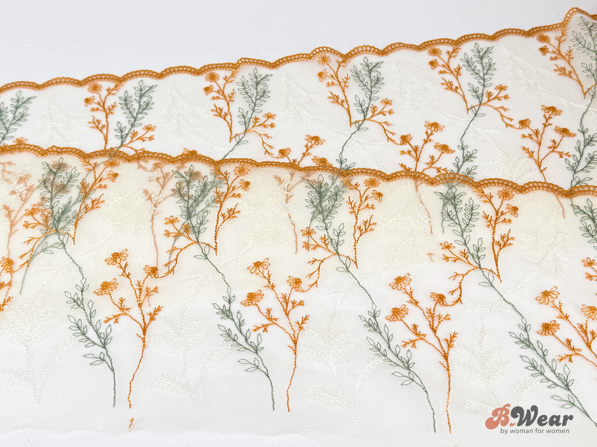 Mustard yellow and sage green embroidered non-stretch lace - 25 cm