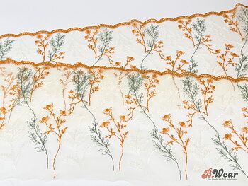 Mustard yellow and sage green embroidered non-stretch lace - 25 cm