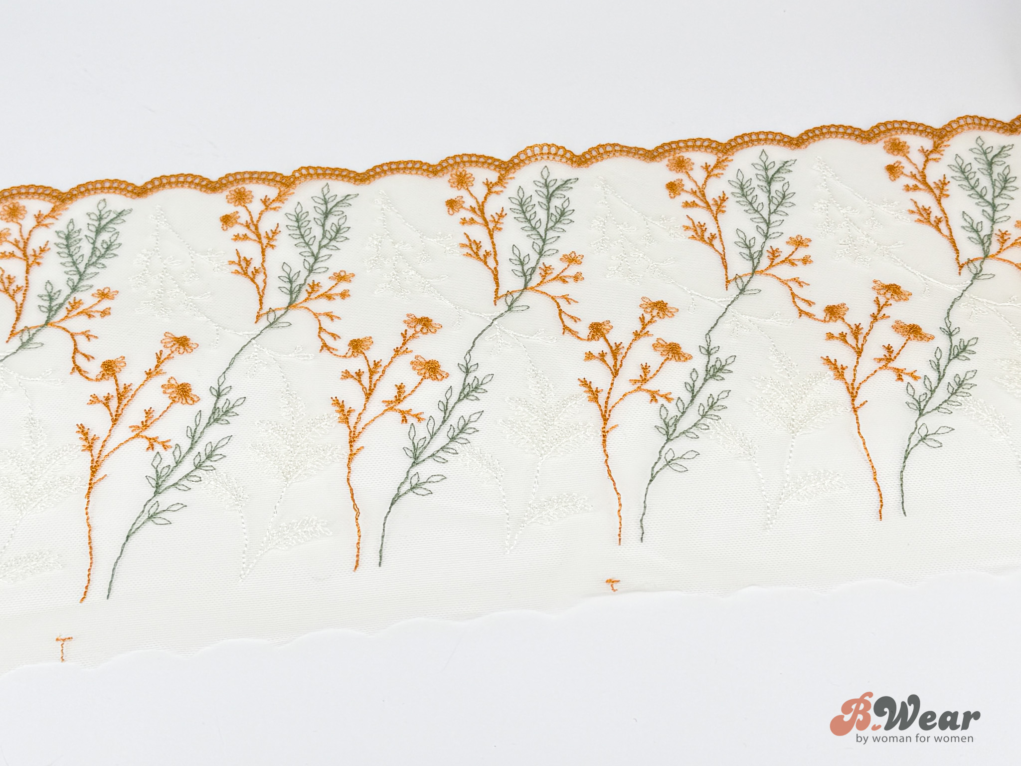 Mustard yellow and sage green embroidered non-stretch lace - 25 cm - 2