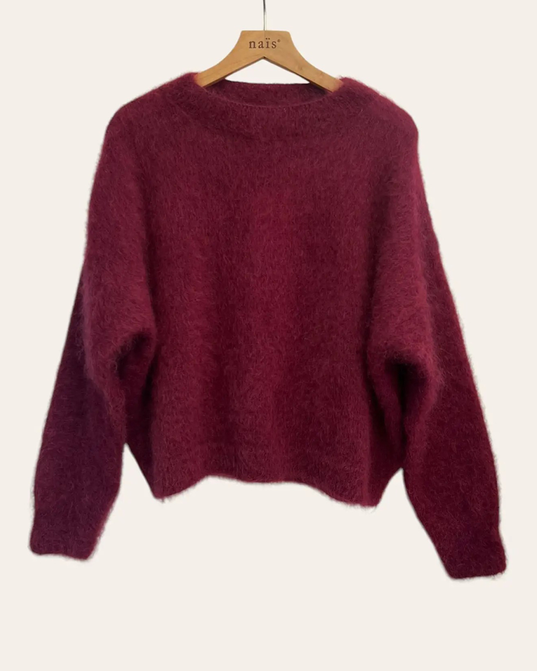 Mohairjumper onesize rundringning vinröd