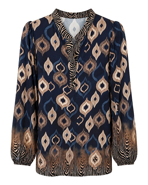 Blus Eline rundringad blå/beige mönstrad - 5