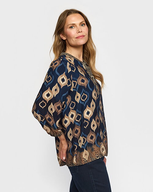 Blus Eline rundringad blå/beige mönstrad - 4