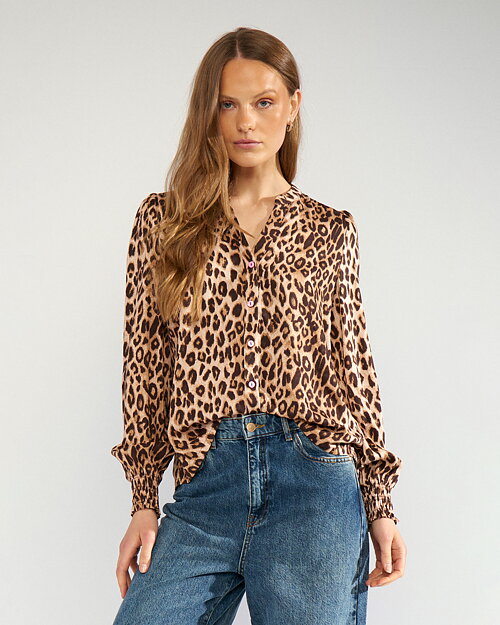 Blus Lorena v-ringad leopardmönstrad beige/brun